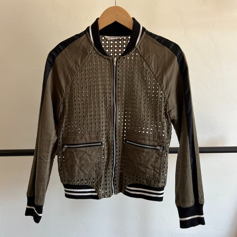 Abercrombie & Fitch Green Square Eyelet Jacket with Sporty Striped Cuffs XS